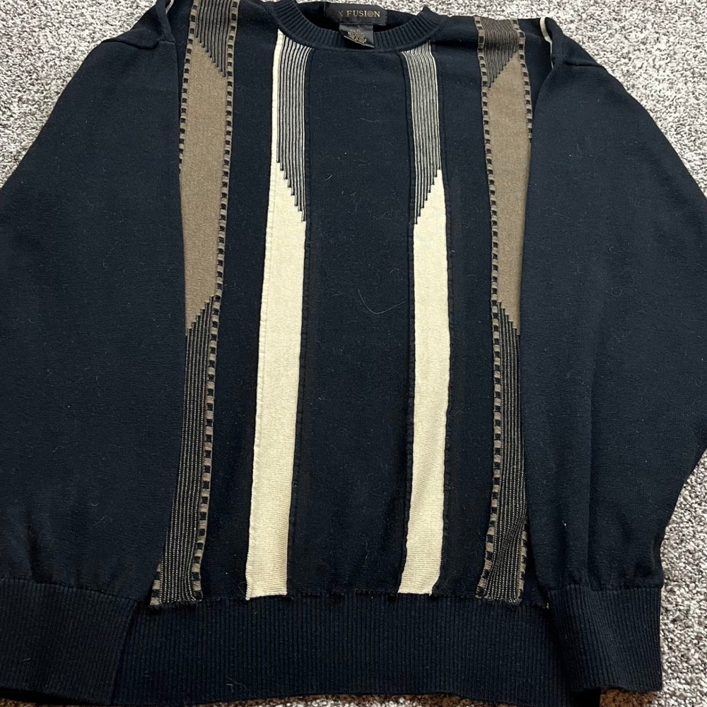 Fusion‎ Sweater Mens XL 3D Beige Stripe Geometric Pattern Knit Pullover Casual